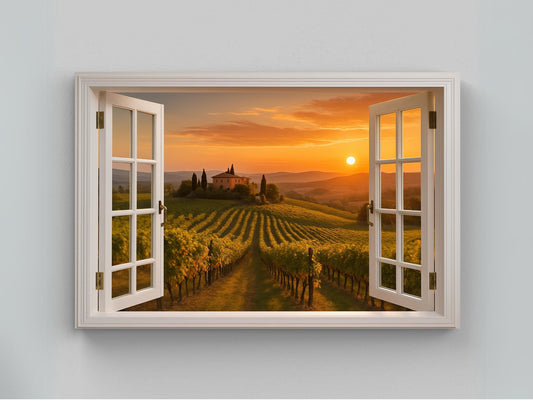 a window view of a vineyard at sunset