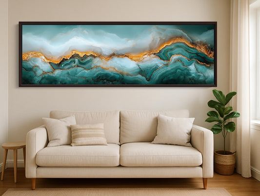 Teal and gold agate canvas wall art, large, framed painting of a landscape with turquoise and gold hues, hanging on a wall