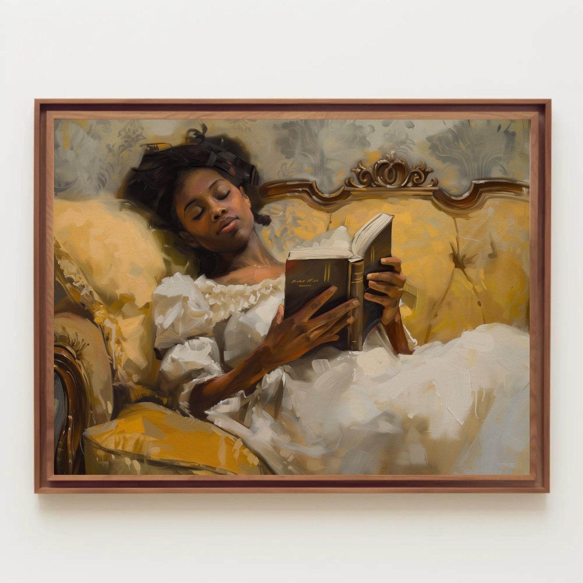 Vintage Canvas Print, Girl Reading Book, African American Art on Museum Grade Canvas
