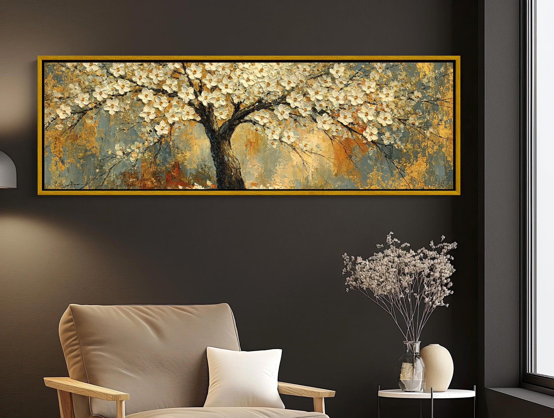 White Blossom Tree canvas wall art shown in a living room (view 5)
