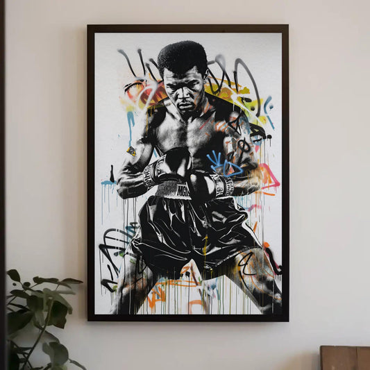 a painting of a boxer on a wall