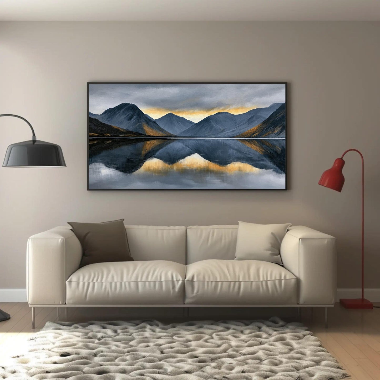 Panoramic Mountain Lake Art canvas wall art shown in a living room (view 2)