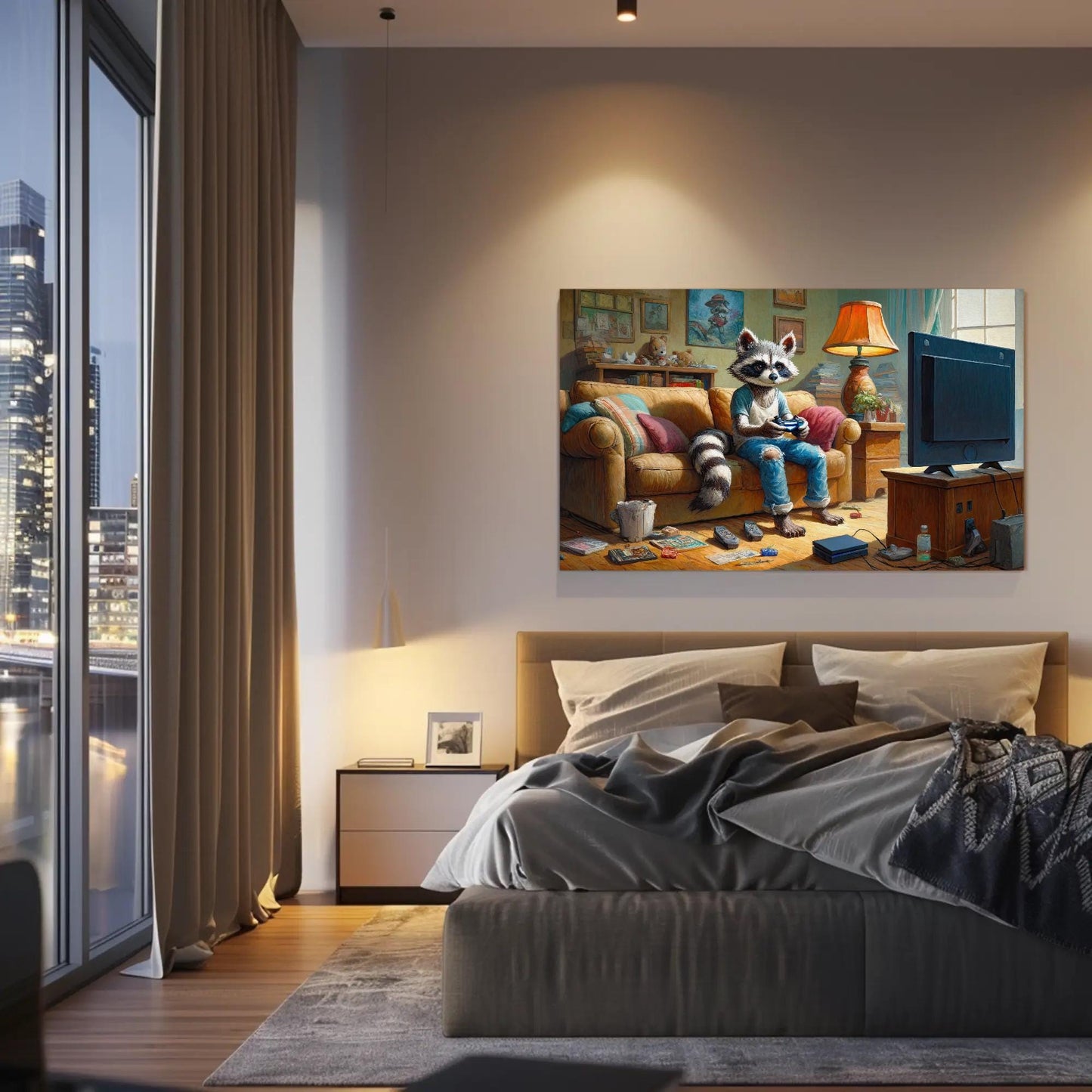Gamer Raccoon canvas wall art shown in a bedroom (view 2)