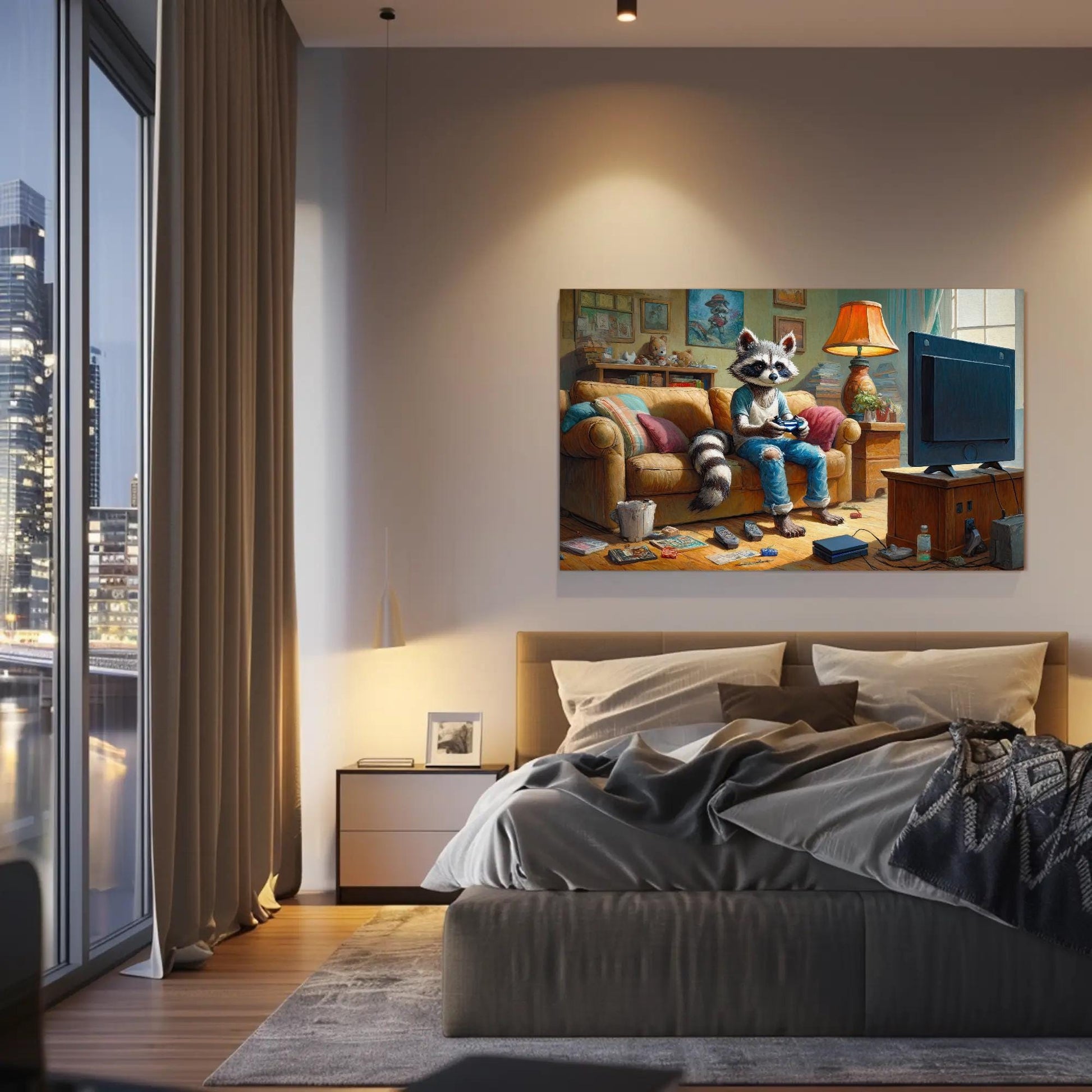 Gamer Raccoon canvas wall art shown in a bedroom (view 2)