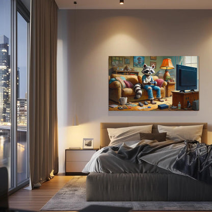 Gamer Raccoon canvas wall art shown in a bedroom (view 2)