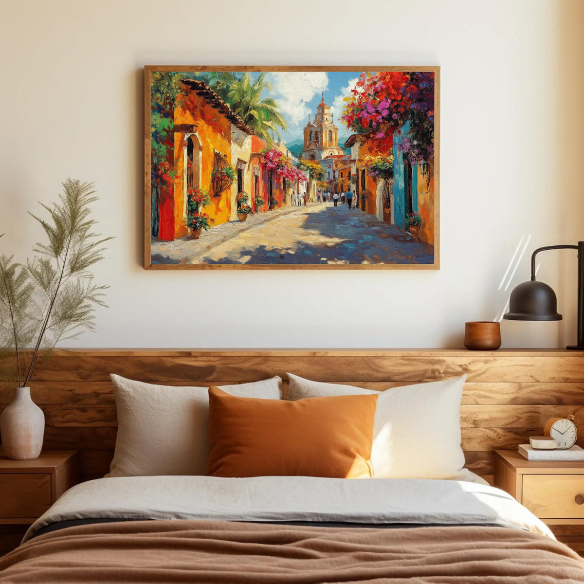 Colorful Mexican street canvas wall art, bedroom with a large painting of a colorful street scene hanging on the wall above