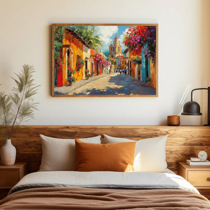Colorful Mexican street canvas wall art, bedroom with a large painting of a colorful street scene hanging on the wall above