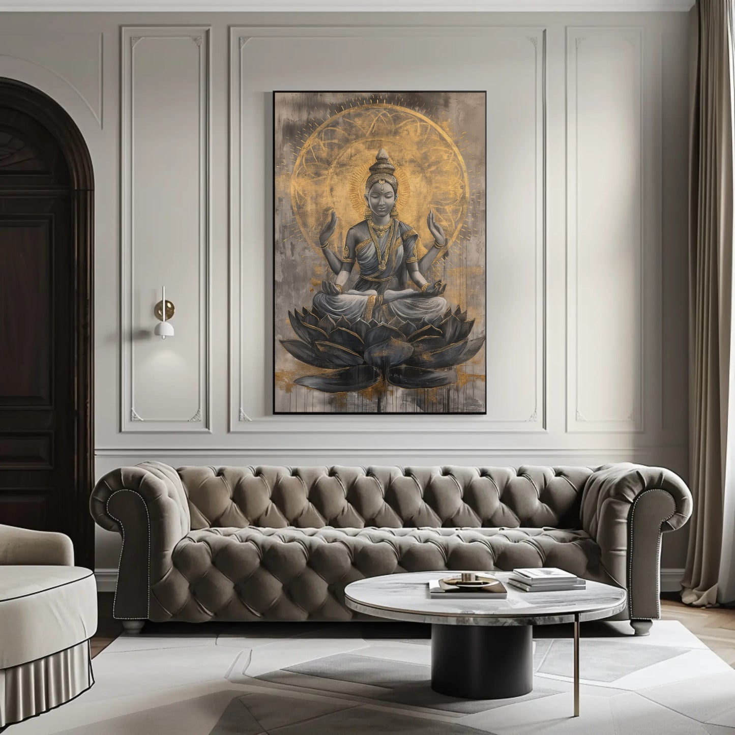 Lakshmi Gold , Hindu Prosperity canvas wall art shown in a living room