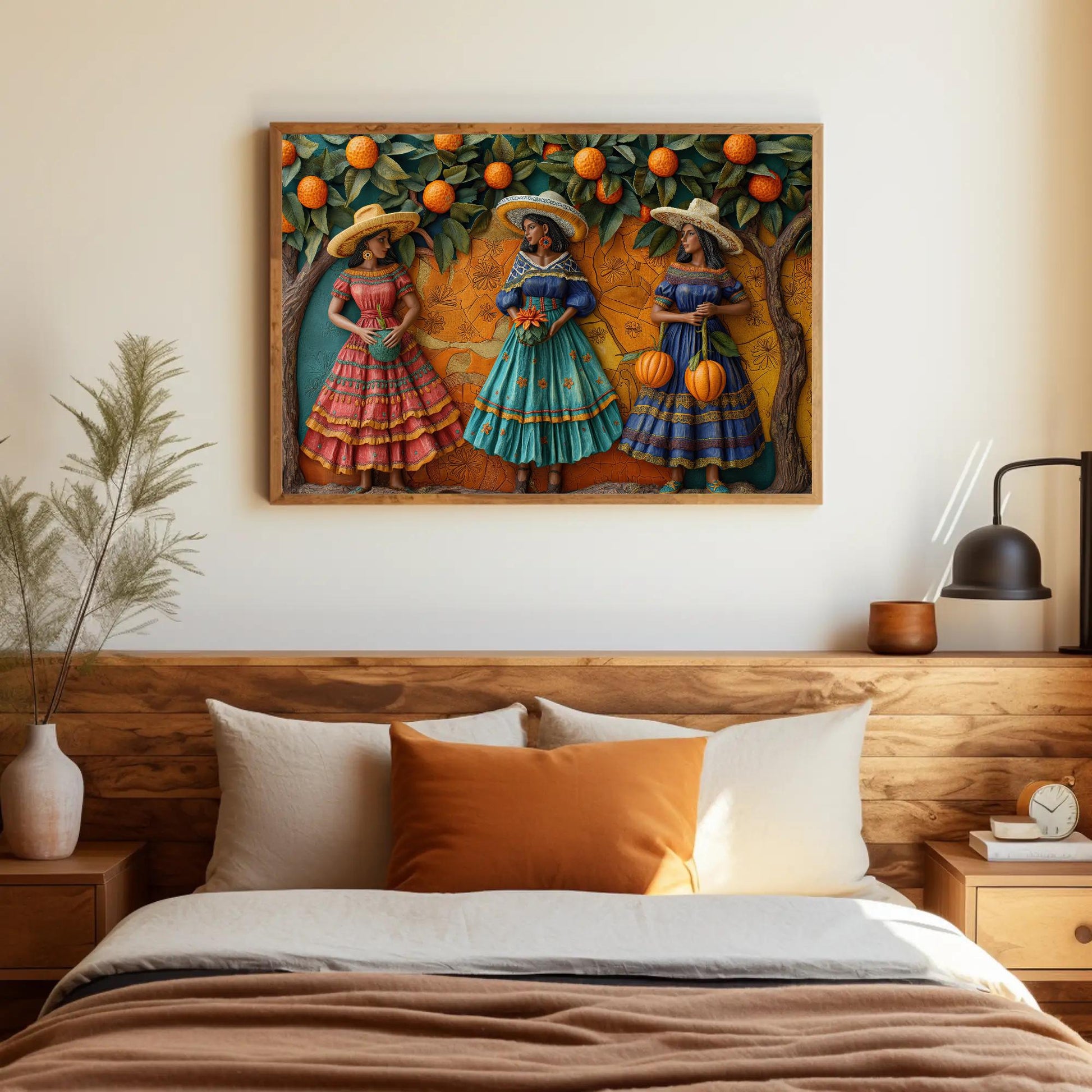 Mexican 3D Illusion , Colorful Cultural canvas wall art shown in a bedroom