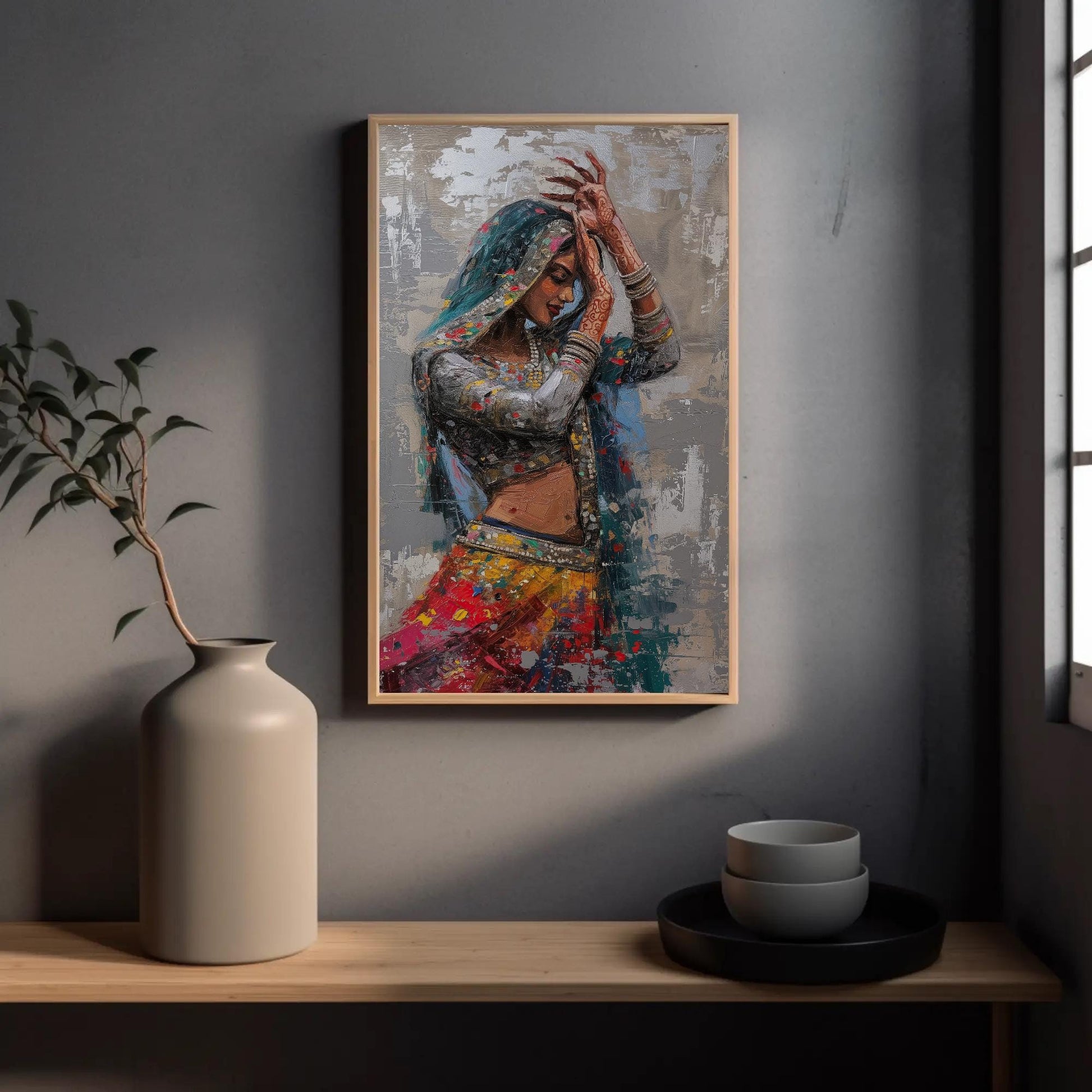 Rajasthani Woman , Vibrant Indian Ethnic canvas wall art shown in a styled room
