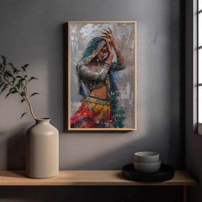 Rajasthani Woman , Vibrant Indian Ethnic canvas wall art shown in a styled room