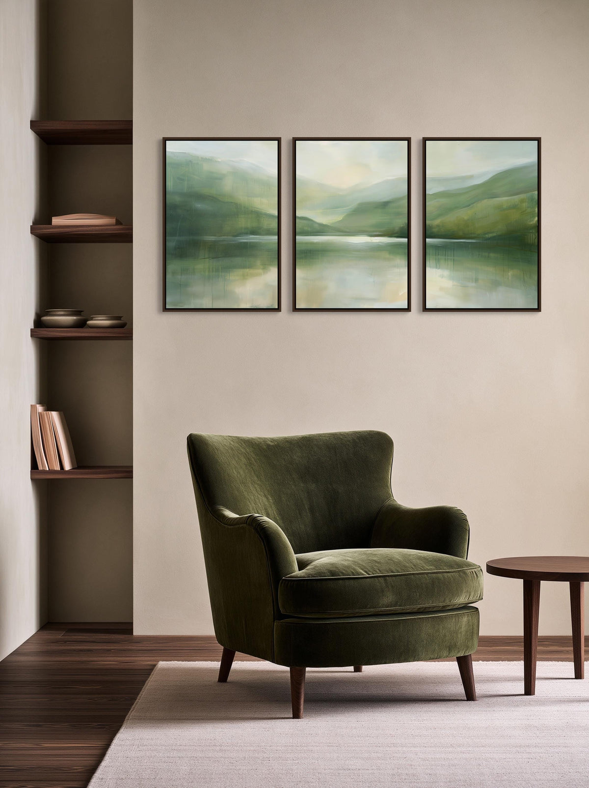 Misty sage lake triptych canvas wall art, cozy living room with a green armchair and a wooden side table. Above the