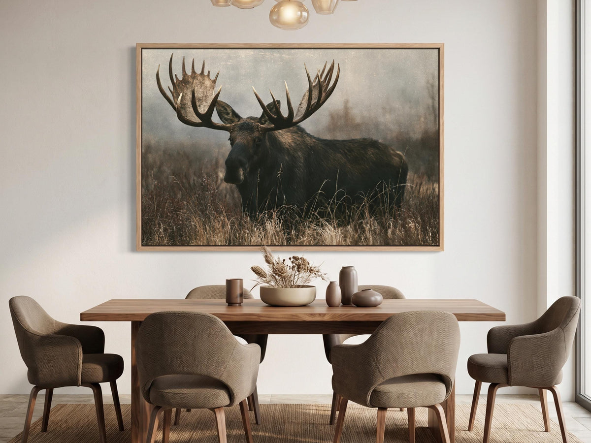 a large framed photograph of a moose standing in a grassy field, with its impressive antlers prominently displayed. The photograph is hung on a wall above a wooden dining table, which is surrounded by matching chairs. The overall setting appears to be a dining room or a similar indoor space with a focus on the moose photograph.