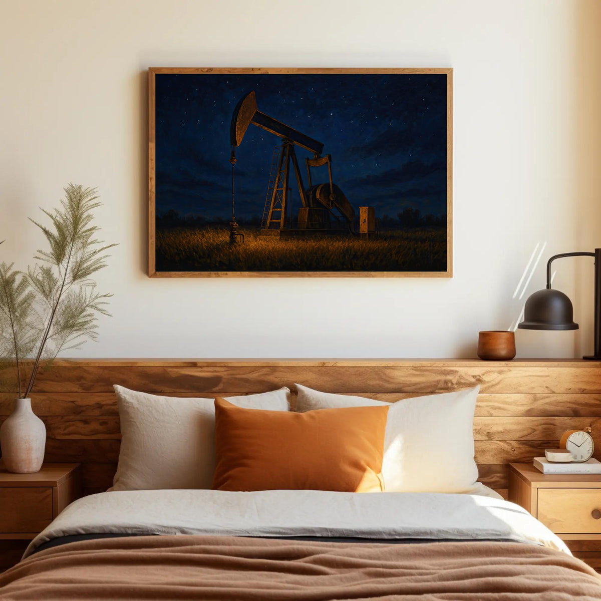 a bedroom with a bed and a painting on the wall