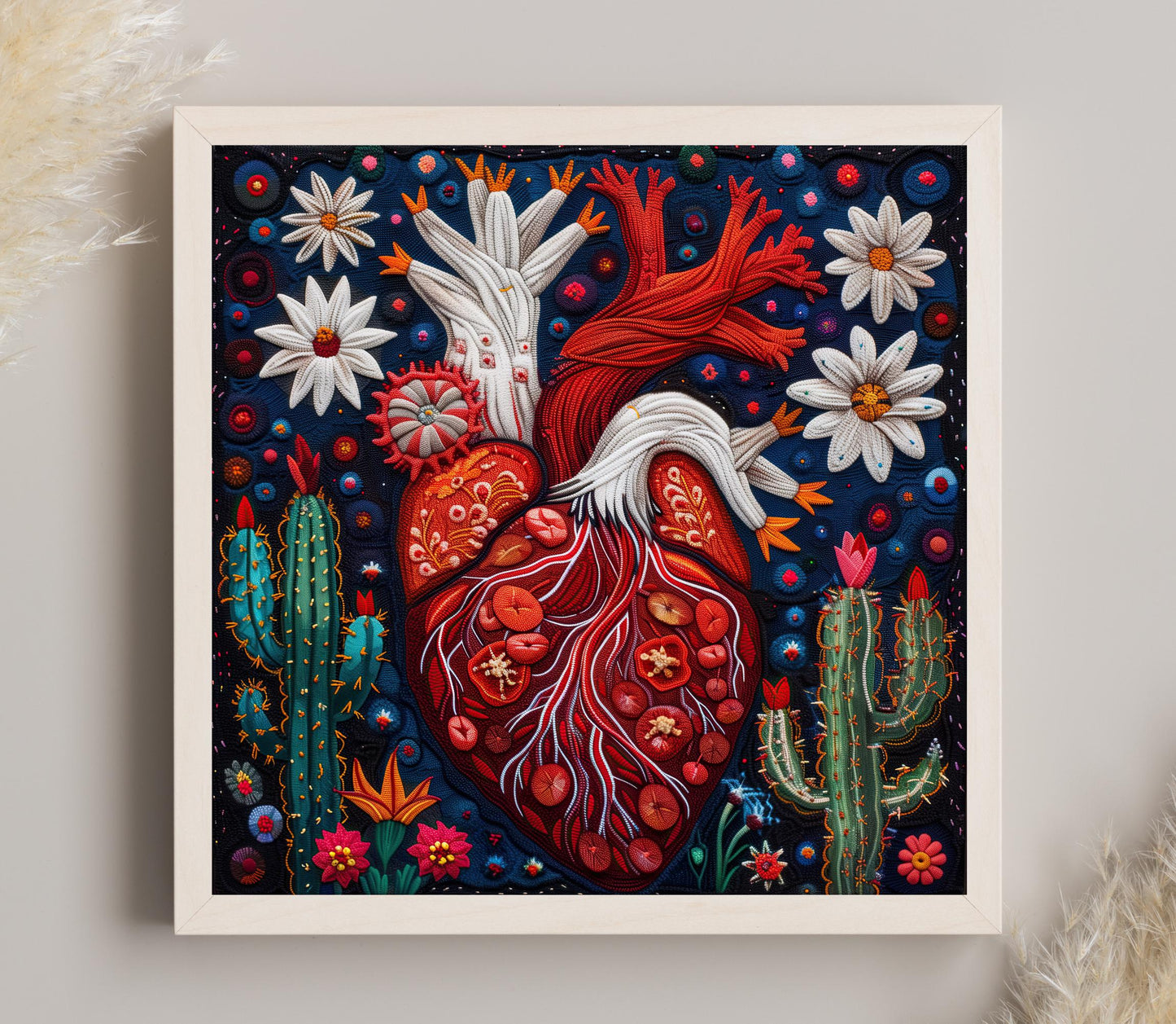 Huichol Flowering Cactus Canvas, Indigenous Mexican Art