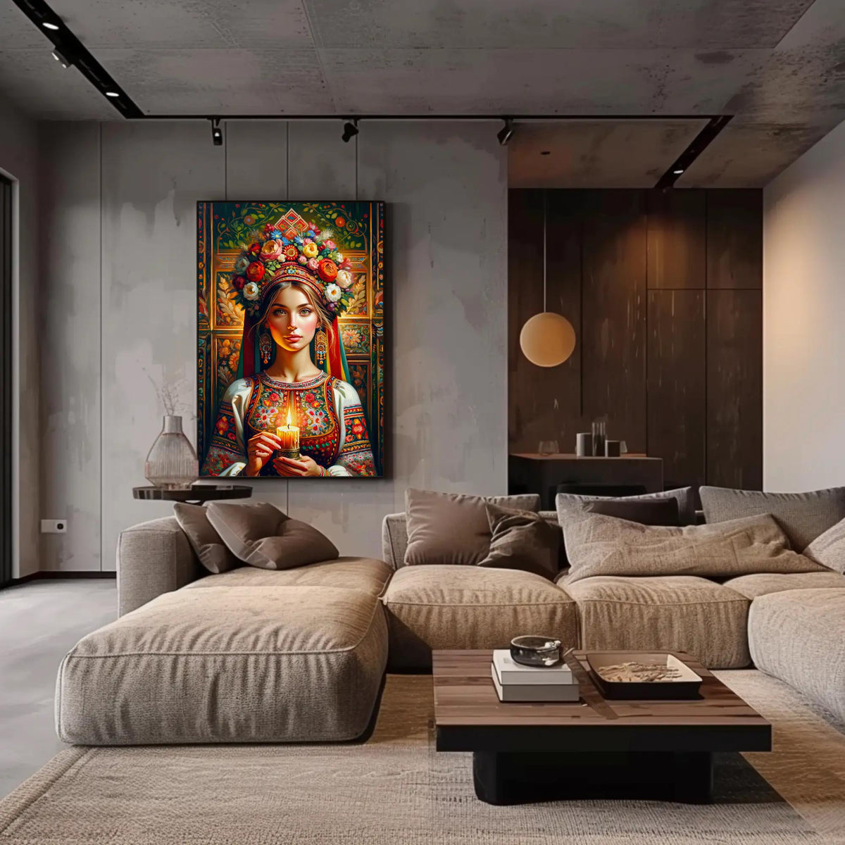 Ukrainian girl with candle canvas wall art, living room filled with furniture and a painting on the wall