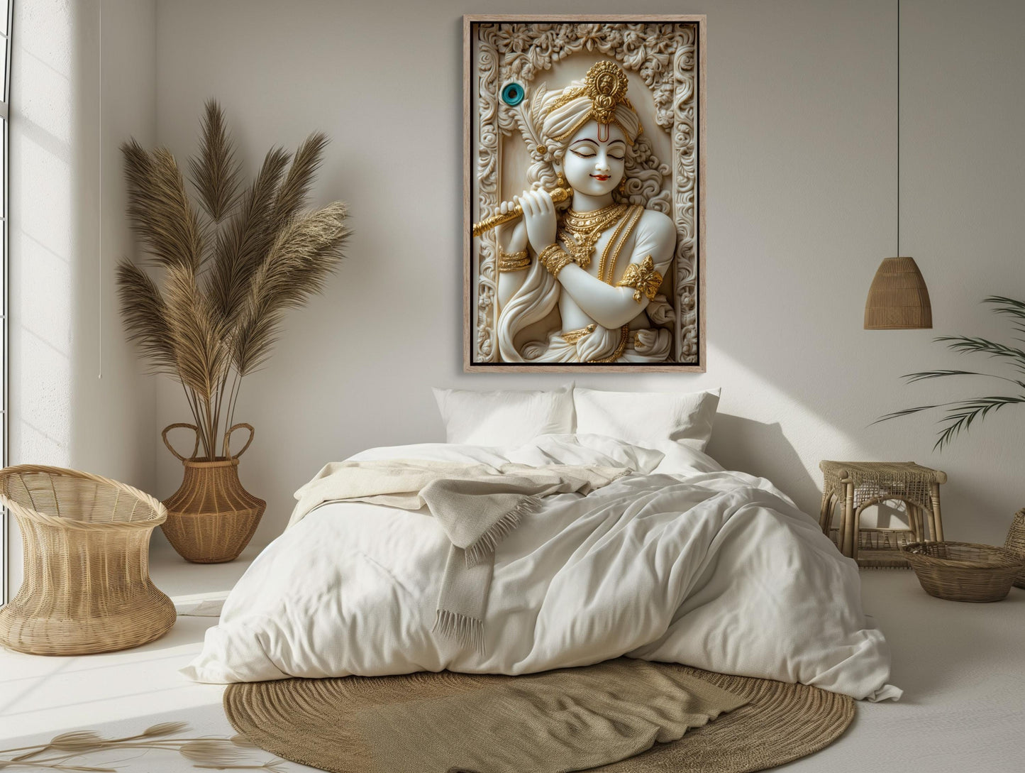 Krishna 3D Illusion canvas wall art shown above a bed