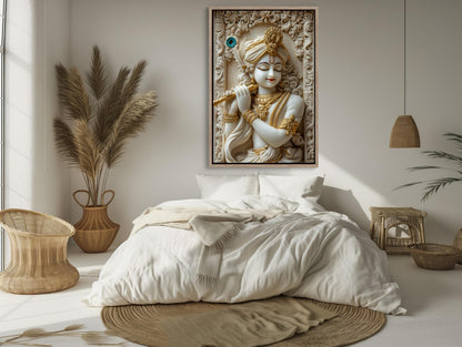 Krishna 3D Illusion canvas wall art shown above a bed