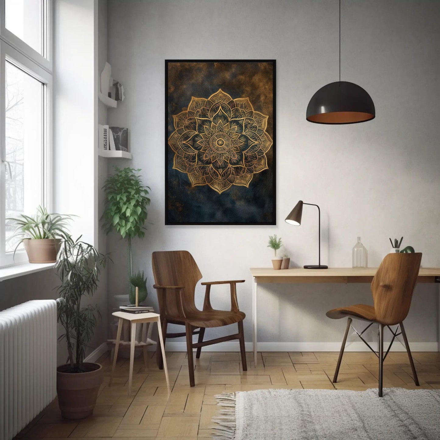Gold Mandala canvas wall art shown above a desk