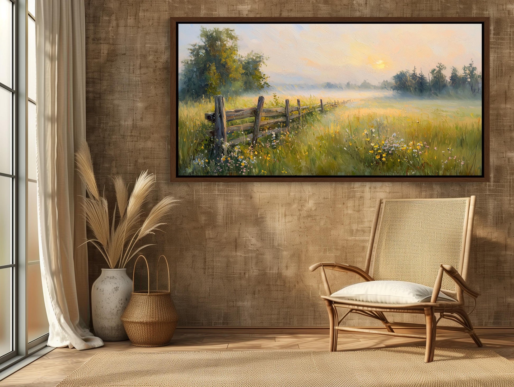 Farmhouse Sunrise canvas wall art shown in a styled interior