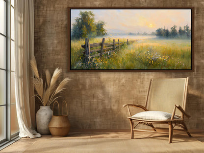 Farmhouse Sunrise canvas wall art shown in a styled interior