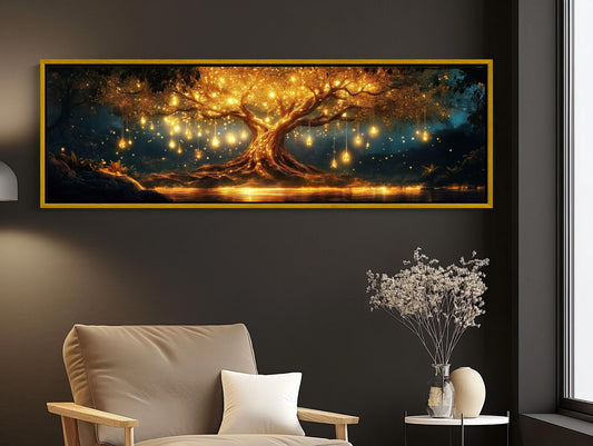 a living room with a couch and a painting on the wall