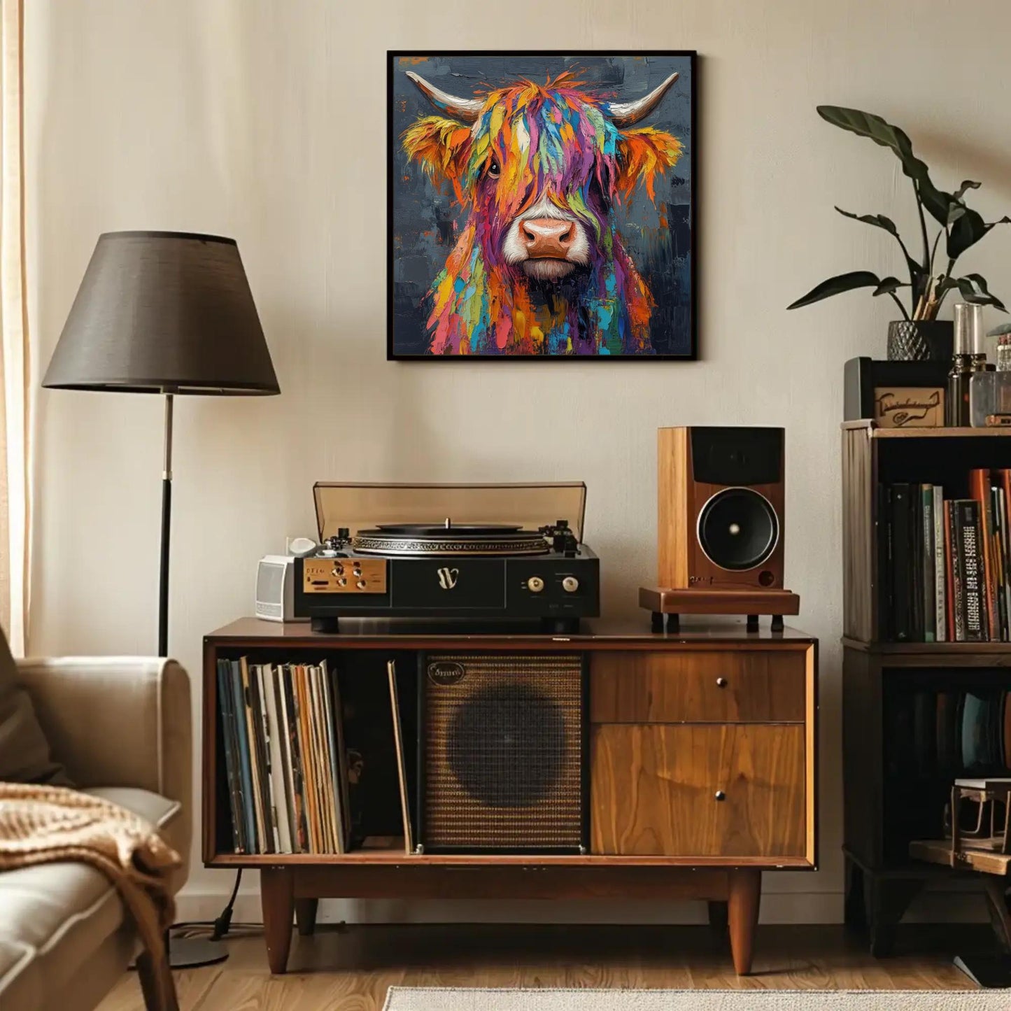 Colorful Highland Cow , Modern Farmhouse canvas wall art shown in a living room