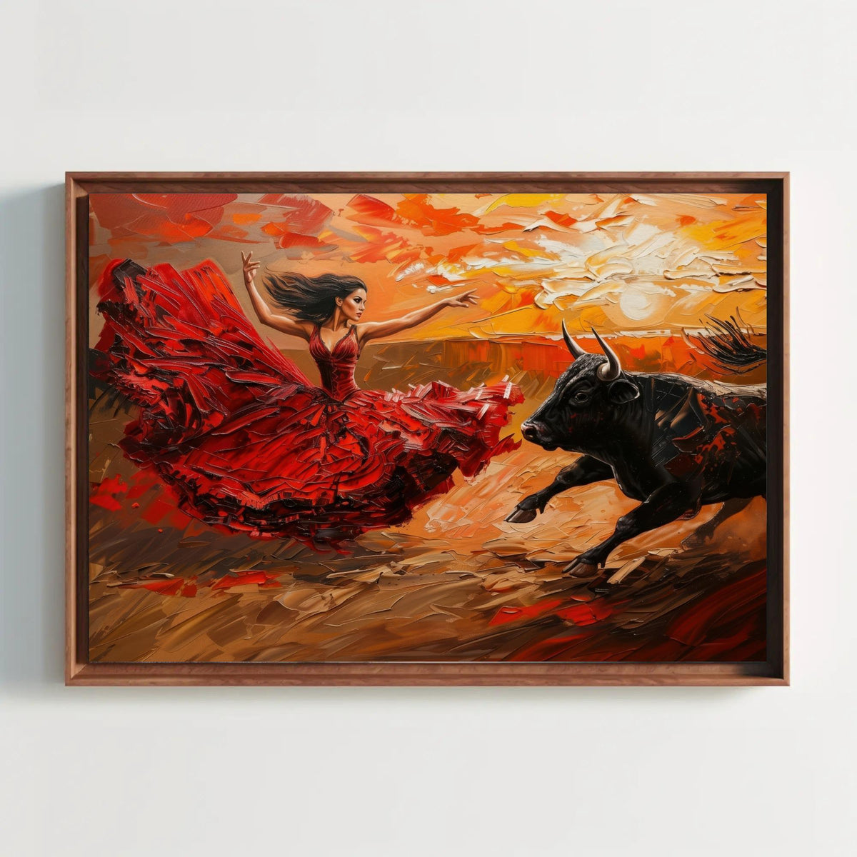 Flamenco dancer and bull canvas wall art in a room setting