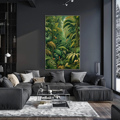 Henri Rousseau Jungle , Vintage Botanical canvas wall art shown in a living room (view 2)