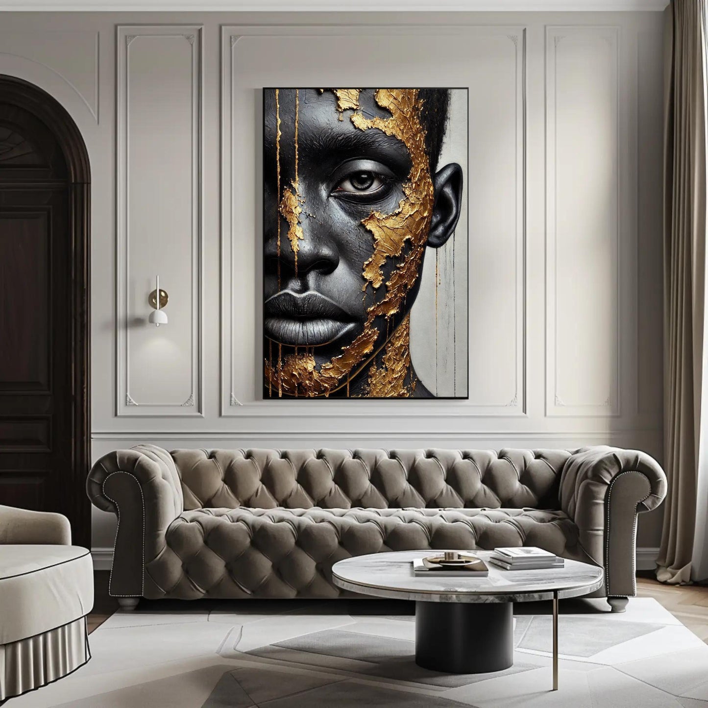 Black Boy Gold Portrait canvas wall art shown in a living room (view 2)
