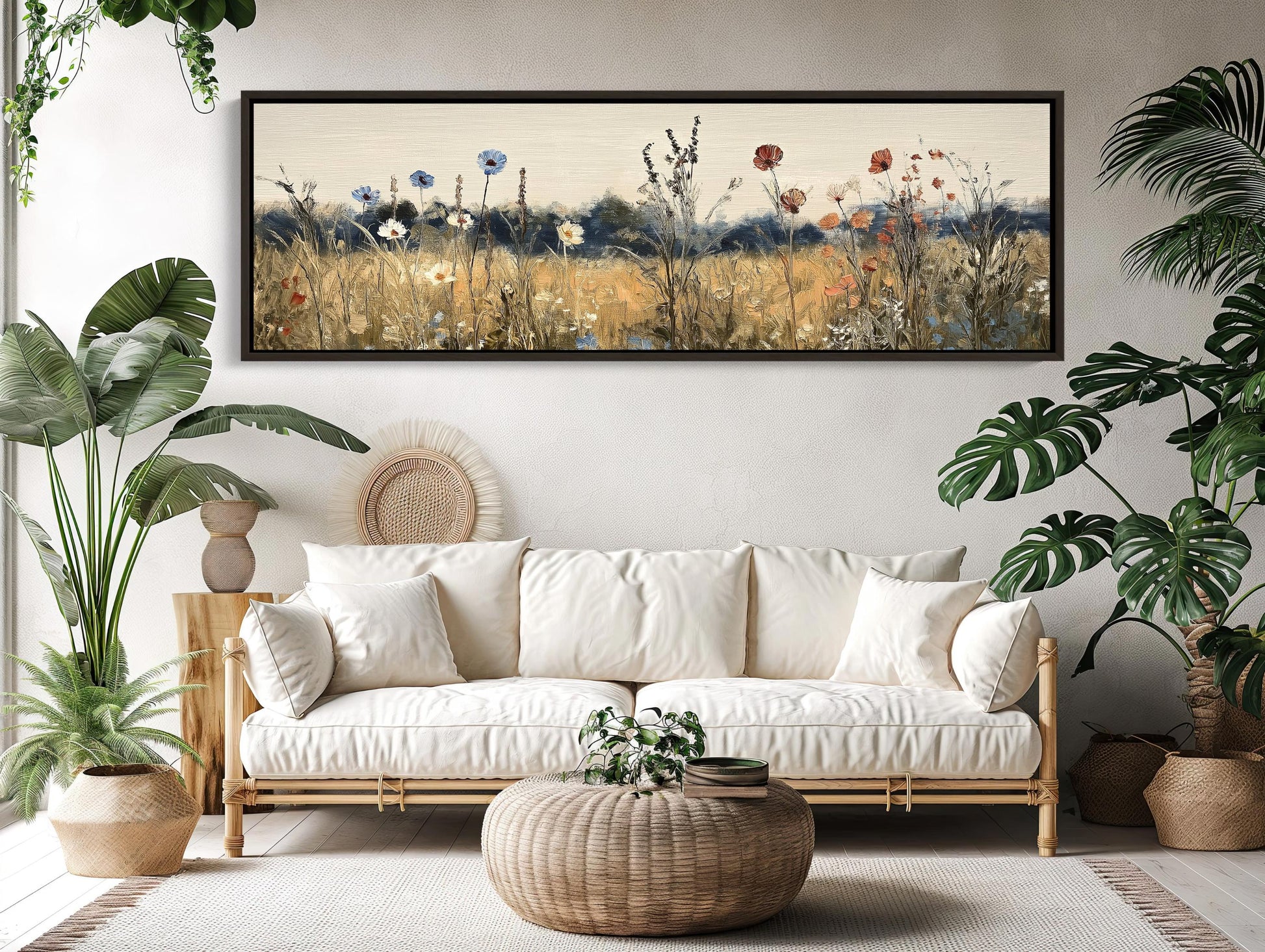 Retro Wildflowers , 70s Boho Floral canvas wall art shown in a living room