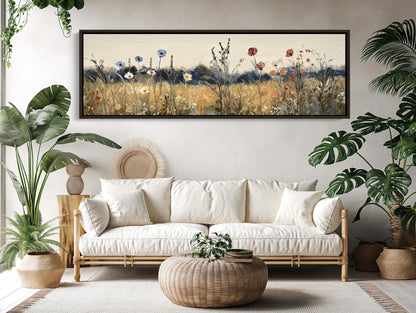 Retro Wildflowers , 70s Boho Floral canvas wall art shown in a living room