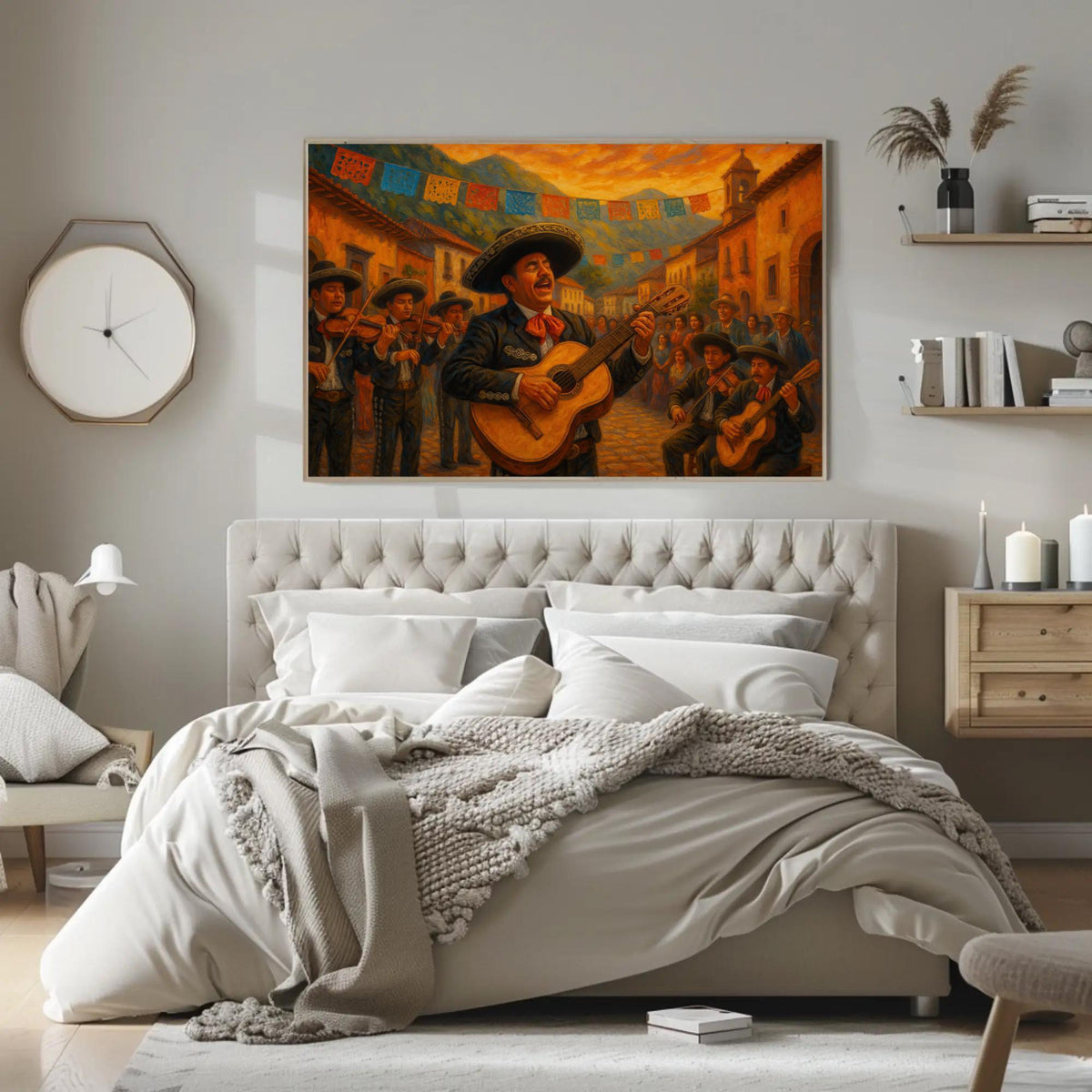 Mexican mariachi band canvas wall art in a room setting