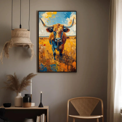 Texas Longhorn Oil Painting canvas wall art shown in a styled room