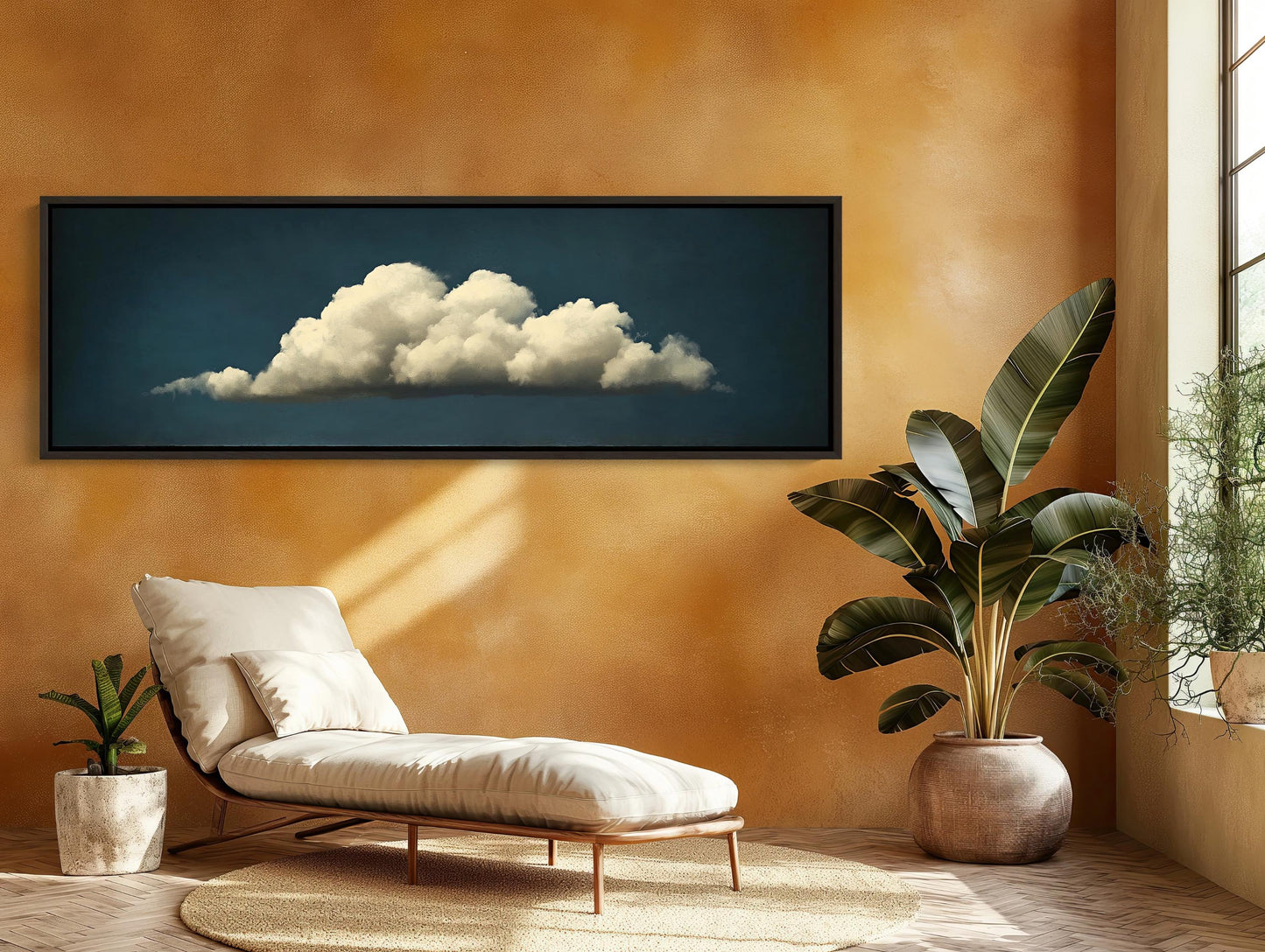 Cloudscape , Extra Large Panoramic Sky canvas wall art shown in a styled interior