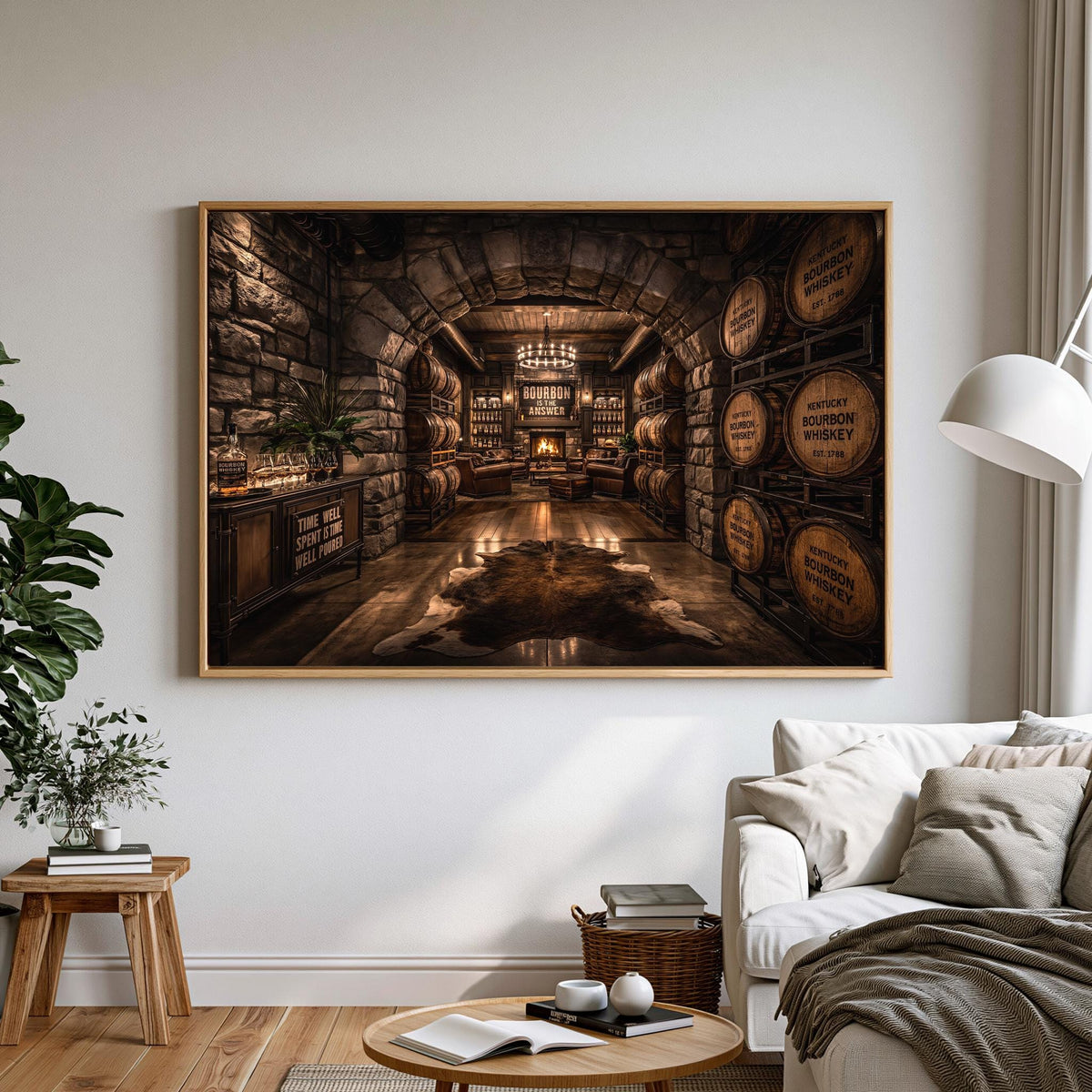 a cozy living room with a large framed picture hanging on the wall, depicting a rustic wine cellar with wooden barrels and a stone archway.