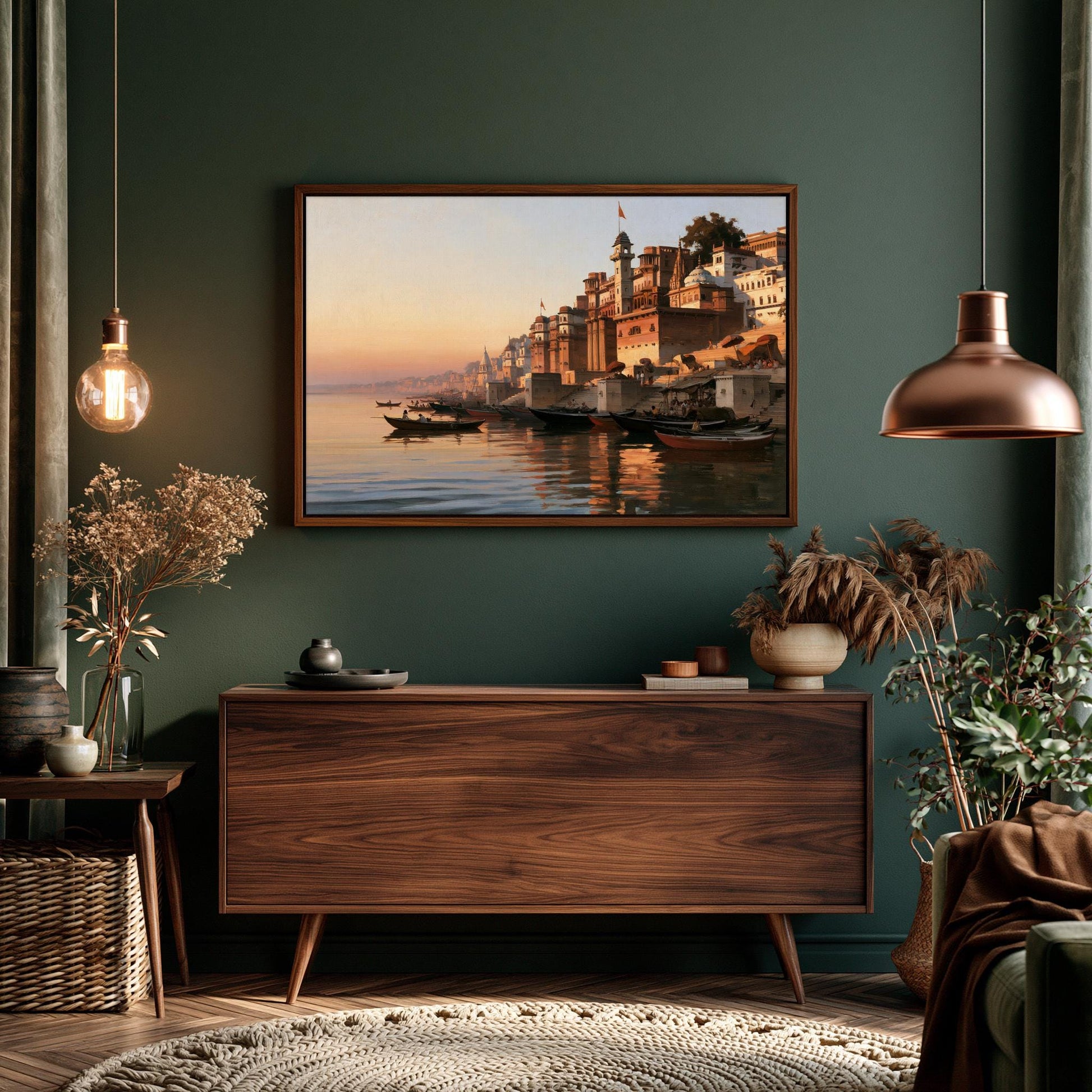 a living room with a large wooden dresser, a framed painting of a cityscape, and various decorative elements such as potted plants and vases.