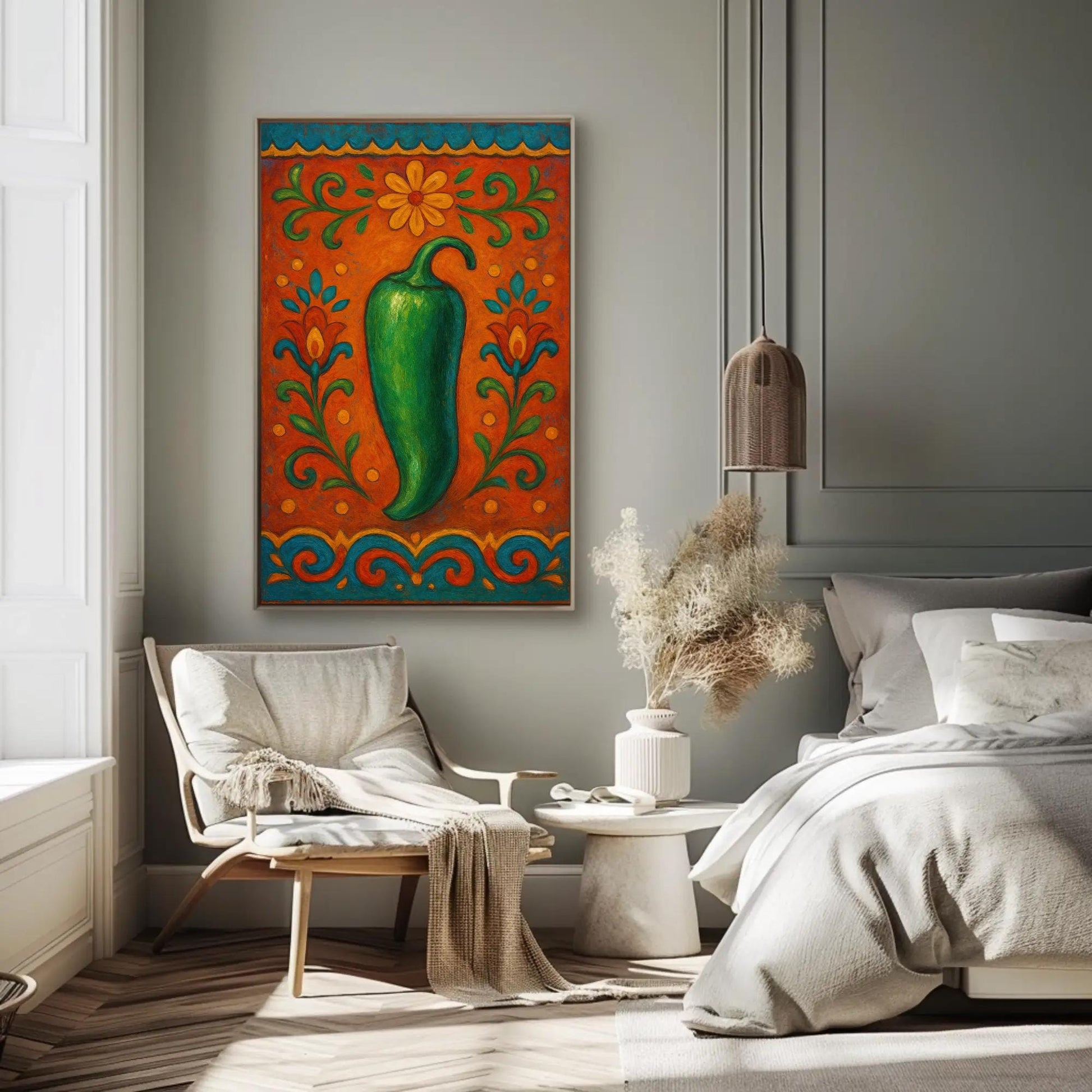 Mexican Folk Art canvas wall art shown in a bedroom