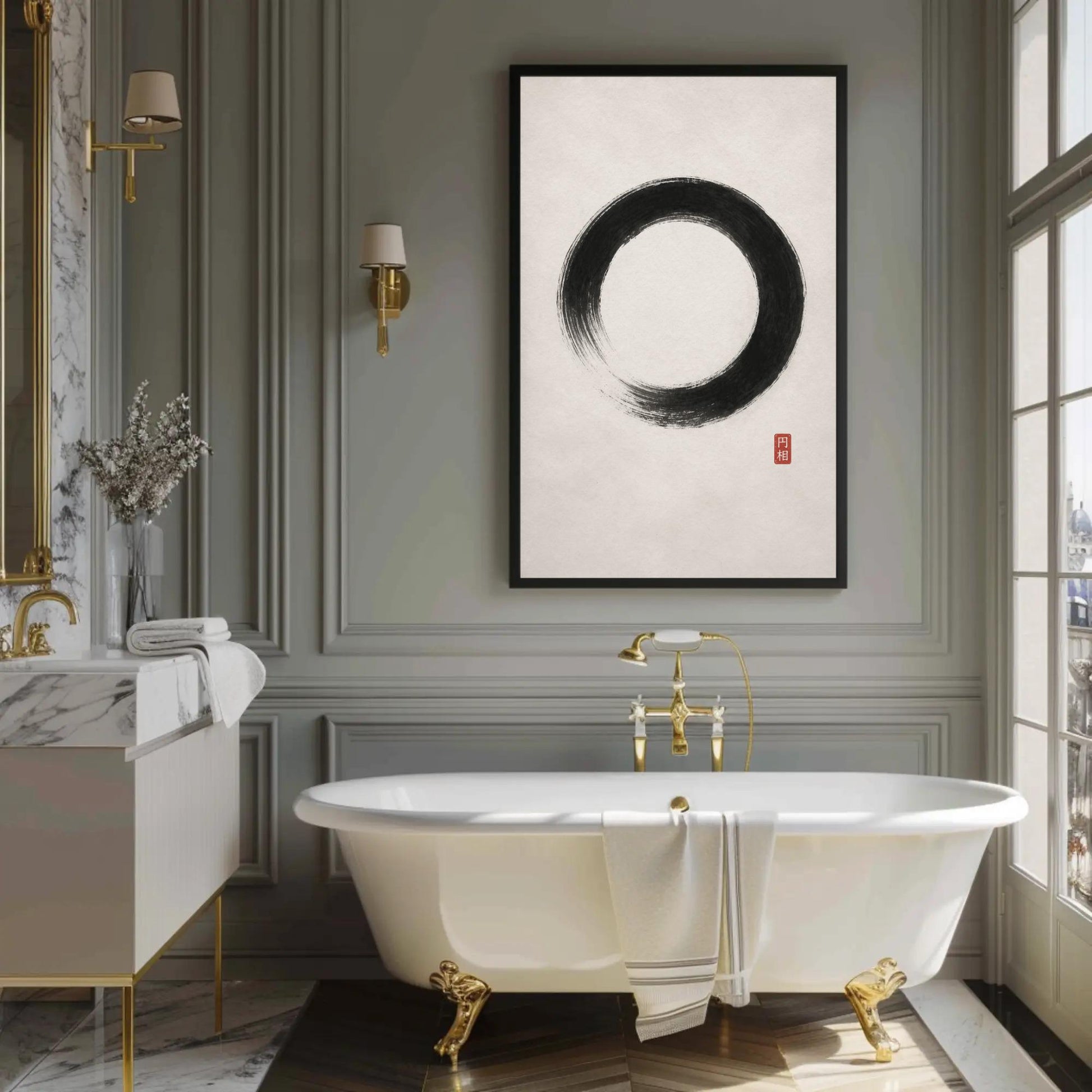 Ensō Circle canvas wall art shown in a bathroom
