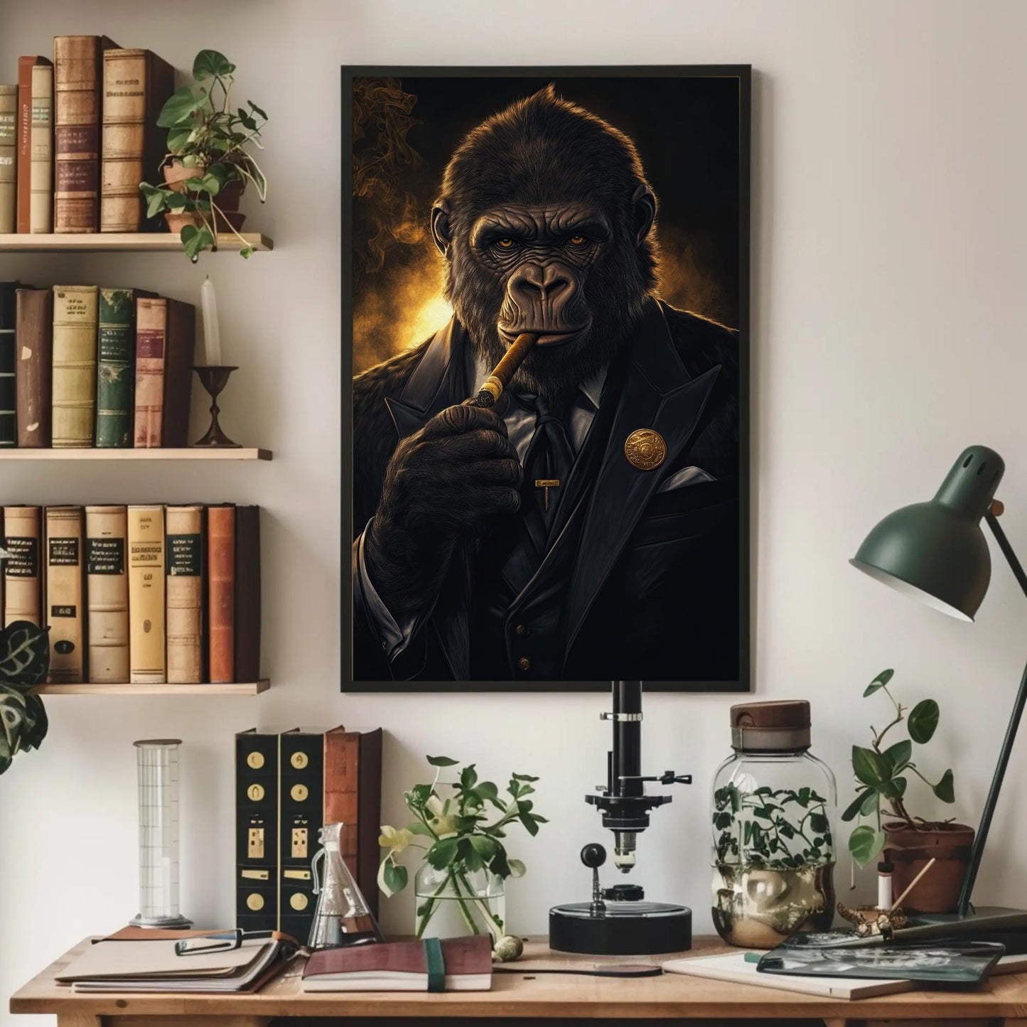 Suited Gorilla canvas wall art shown in a styled room (view 3)