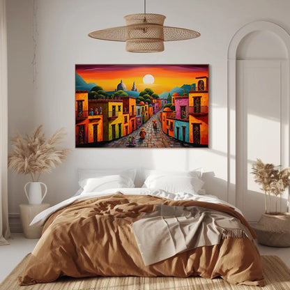 Oaxaca Mexican Village , Colorful Mexico folk art canvas wall art, ready to hang (view 2)
