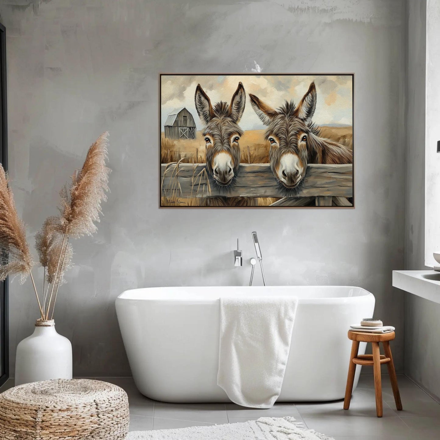 Two Donkeys canvas wall art shown in a bathroom