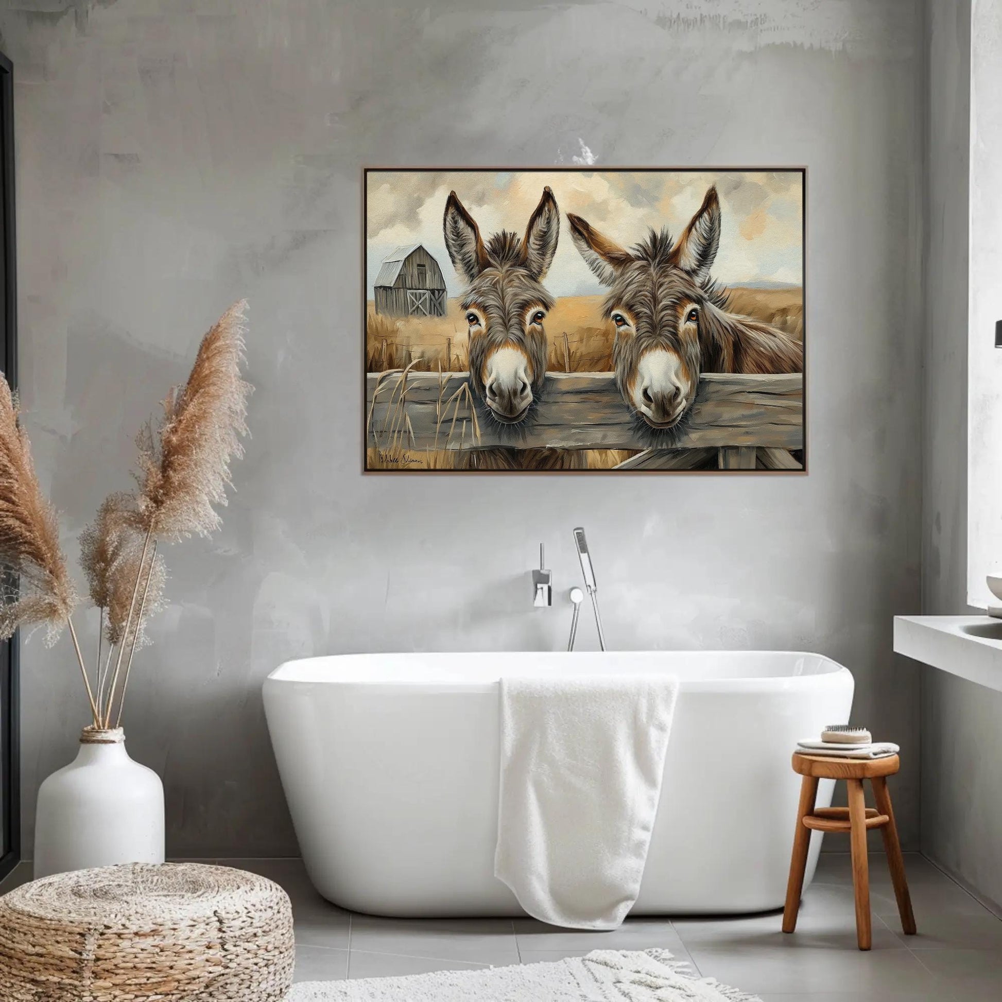 Two Donkeys canvas wall art shown in a bathroom