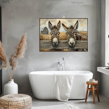 Two Donkeys canvas wall art shown in a bathroom