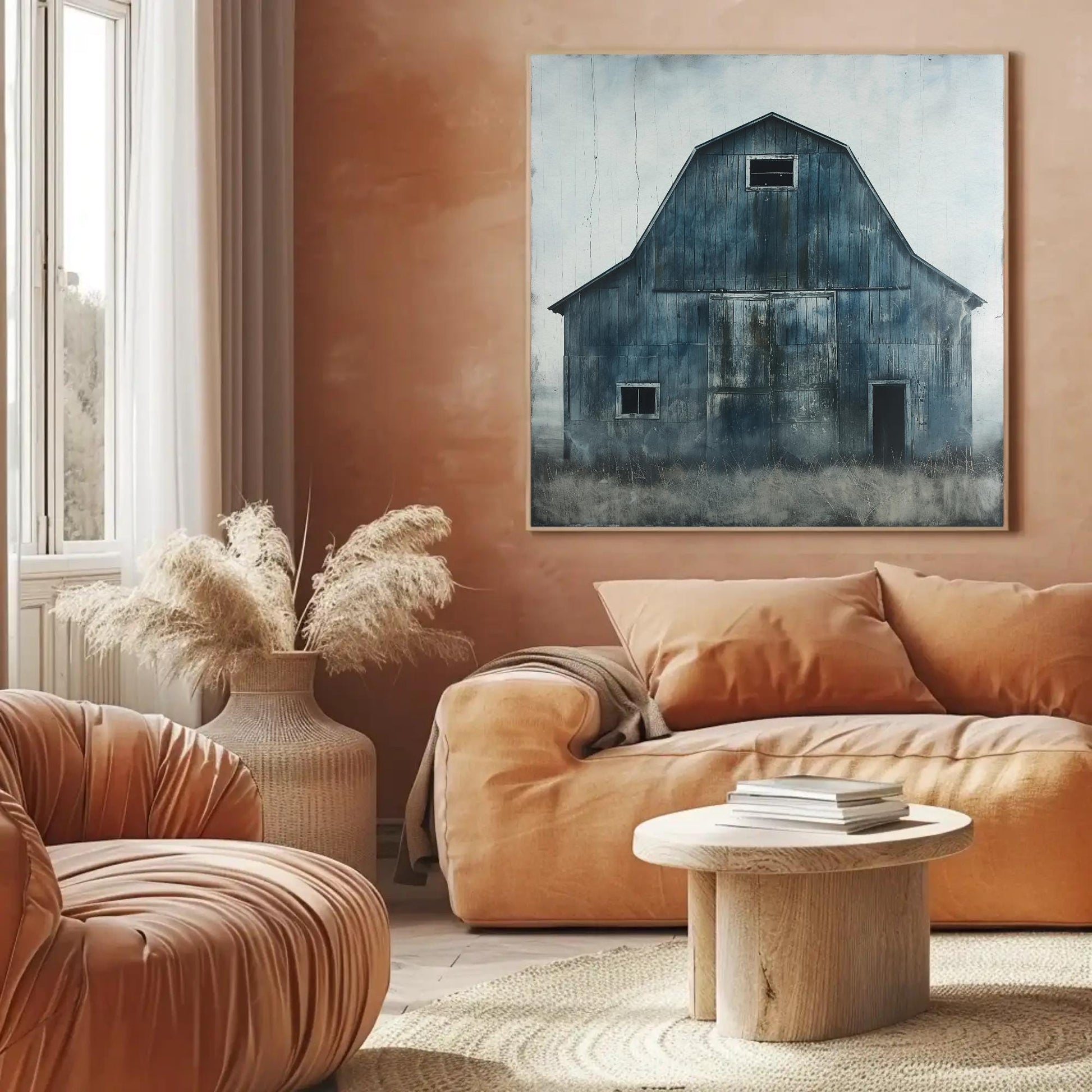 Blue Barn canvas wall art shown in a living room