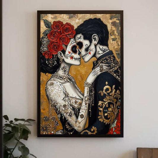 The image is a framed painting depicting a couple embracing, with the woman's face painted like a sugar skull and the man's face painted like a skull. The couple is wearing ornate, gilded clothing, and the background features a golden, floral pattern.