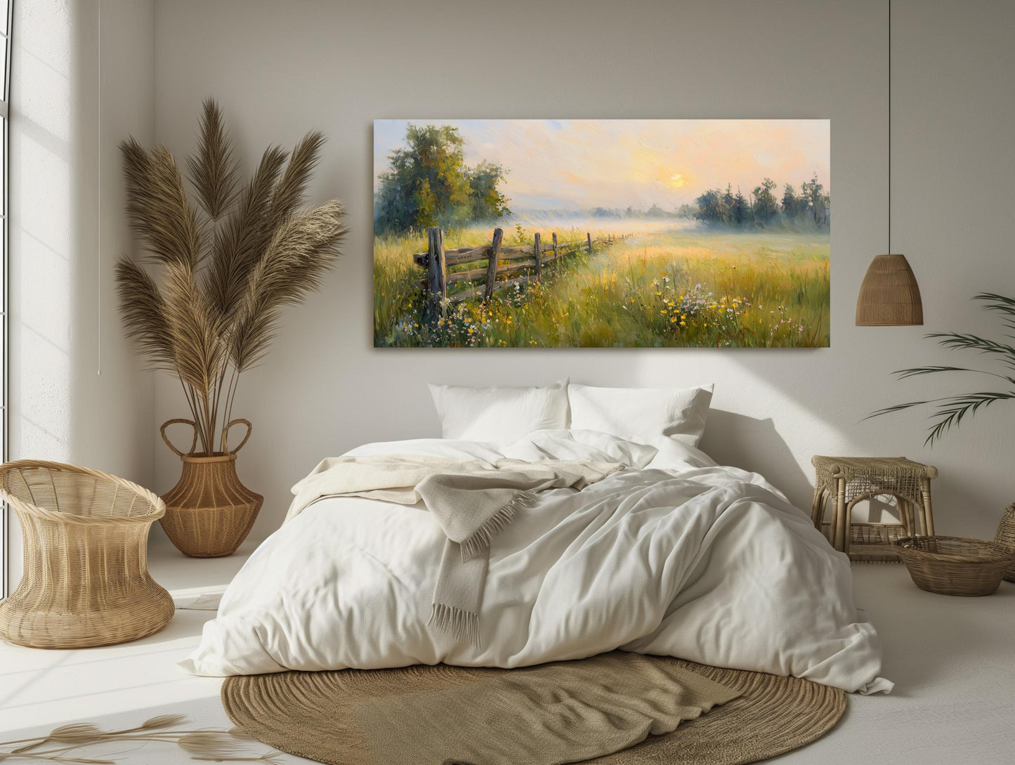 Farmhouse Sunrise canvas wall art shown in a bedroom