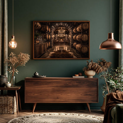 a cozy and rustic living room with a large wooden cabinet, a hanging light fixture, and a framed picture of a wine cellar.