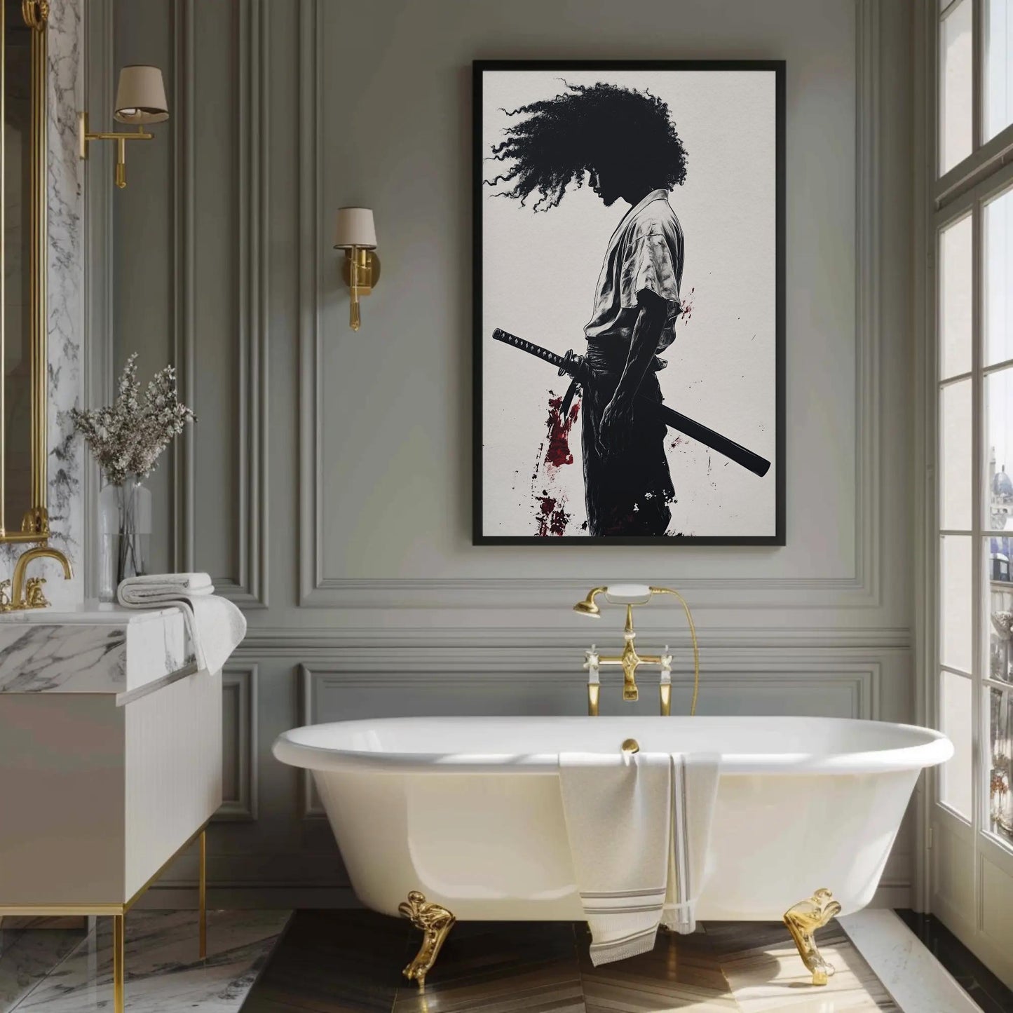 African Samurai , Black Warrior Anime canvas wall art shown in a bathroom