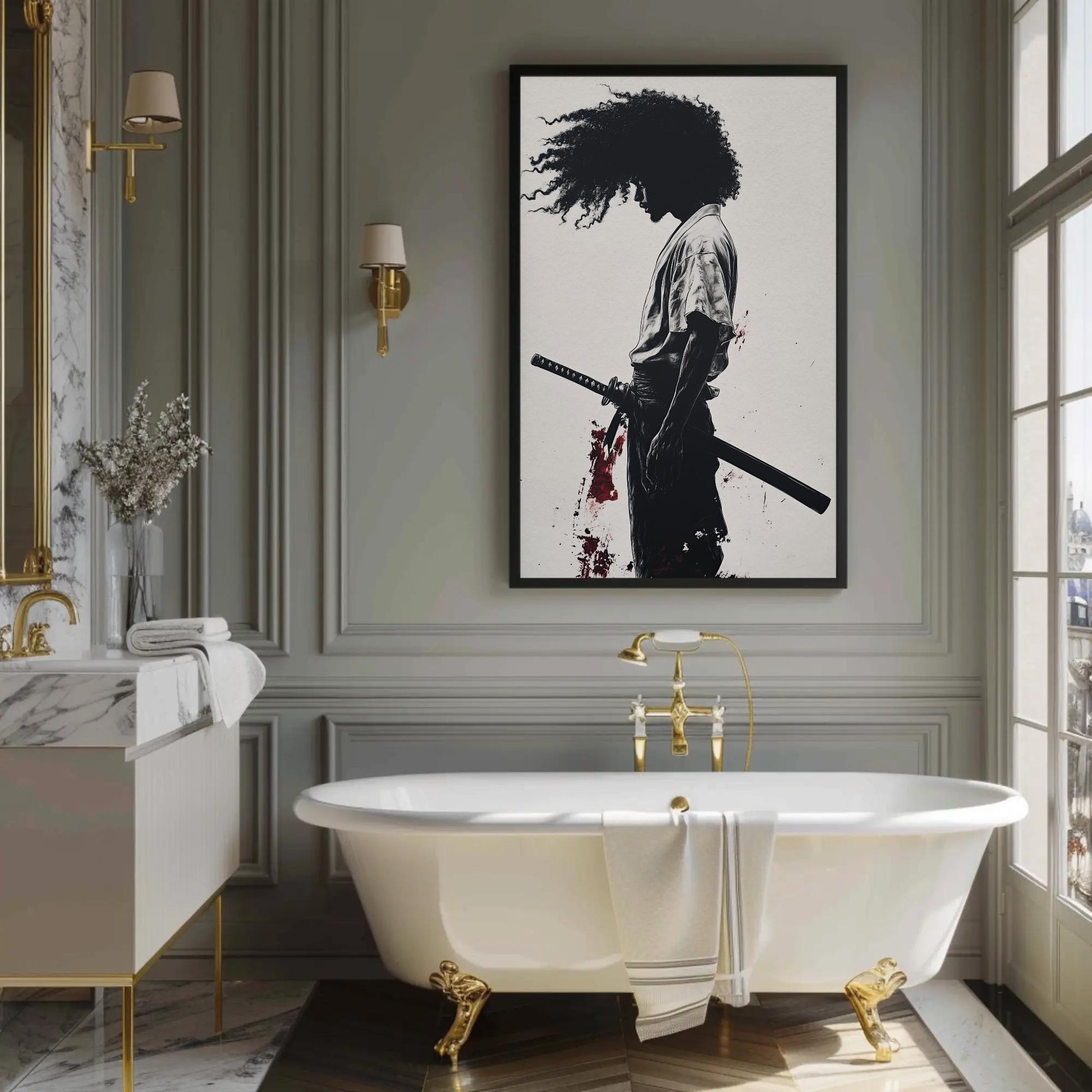 African Samurai , Black Warrior Anime canvas wall art shown in a bathroom